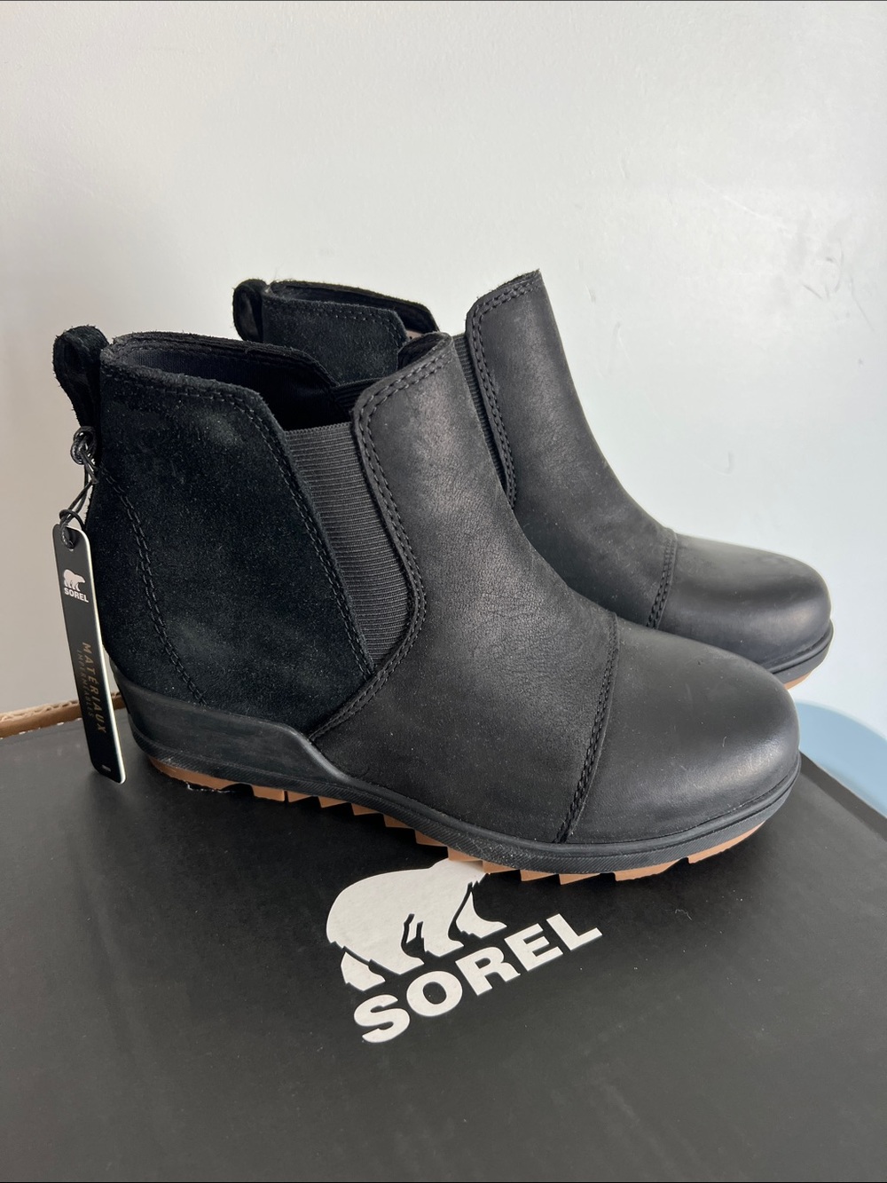 Sorel Evie pull-on black suede and leather ankle boots wedge booties 5
